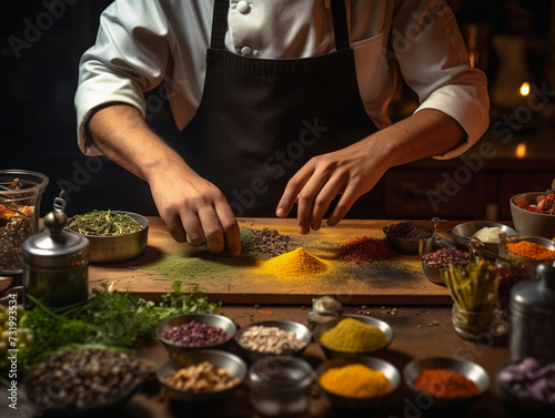 Hands professional cook in uniform add some spices to dish, decorating delicious meal for guests in restaurant 