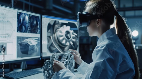 Engineer woman using VR glasses to manufacture gear products with virtual reality technology and CAD software on the computer, VR, future, gadgets, and technology.