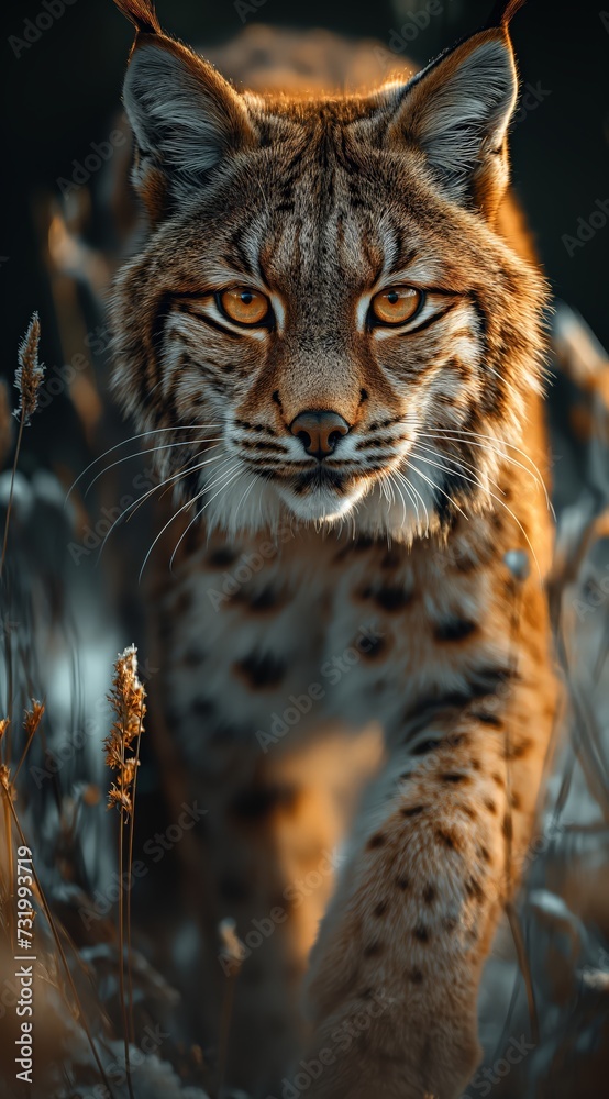 Obraz premium a lynx walks in the forest and looks into the camera created by AI