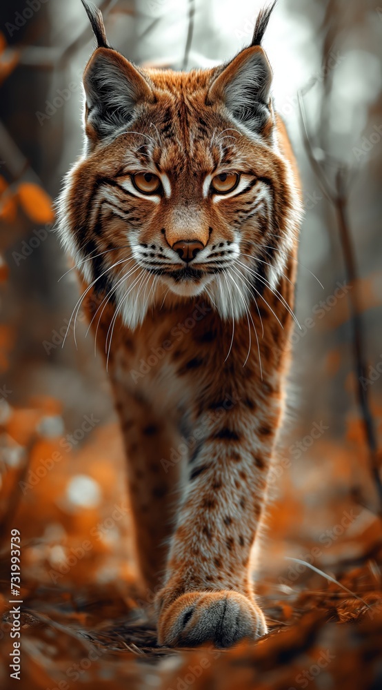 Fototapeta premium a lynx walks in the forest and looks into the camera created by AI