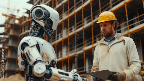 sci fi robot engineer and a man inspection construction work with a robot worker and construction site,generative ai