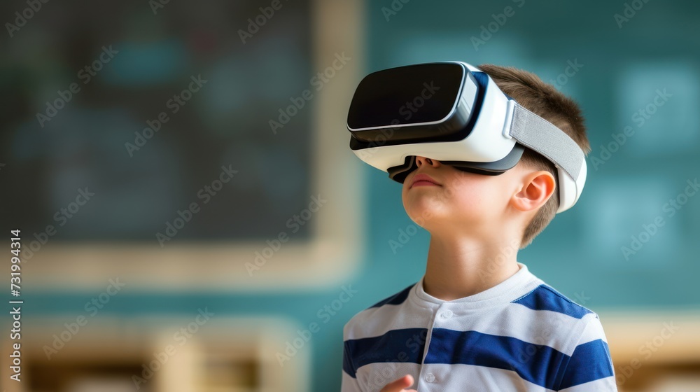 Asian Little boy using VR glasses studying at school, in classroom in, VR, future, gadgets, technology. Asian Little boy using VR glasses studying at school, in classroom in, VR, future, gadgets, technology.