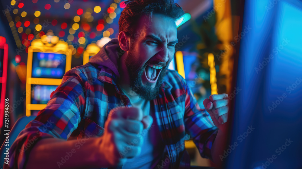 Obraz premium An exuberant man expresses victory while playing an exciting video game in a colorful arcade environment.