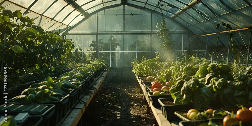 Greenhouse filled with plants growing a garden in a controlled environment