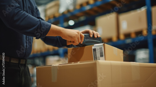a person in a blue work shirt is using a handheld barcode scanner on a package in a warehouse environment, suggesting activities related to inventory management or logistics. © Anna