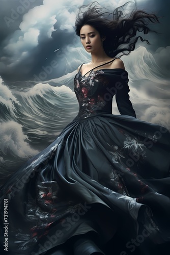A dramatic image of a Korean model in a flowing gown, standing in the midst of a storm, capturing the power and resilience of beauty.
