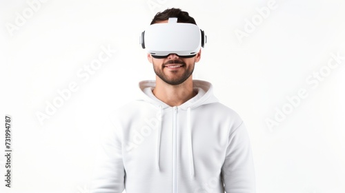 A young man using VR glasses, happy, Isolated on a white background studio portrait. VR, future, gadgets, technology, © inthasone