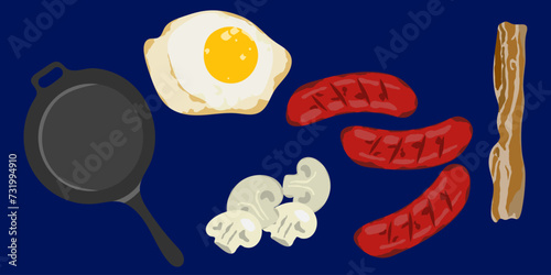 english breakfast sticker set vector illustraton - pan - sauted mushroom - sausage - fried egg and bacon - kitchen dinner design collection