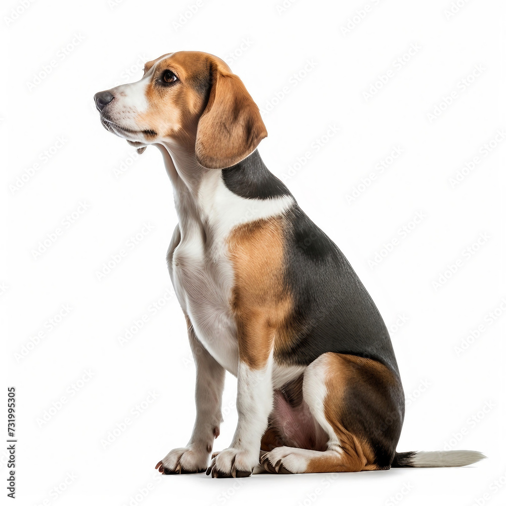 Beagle dog sitting side view with white background generated by AI