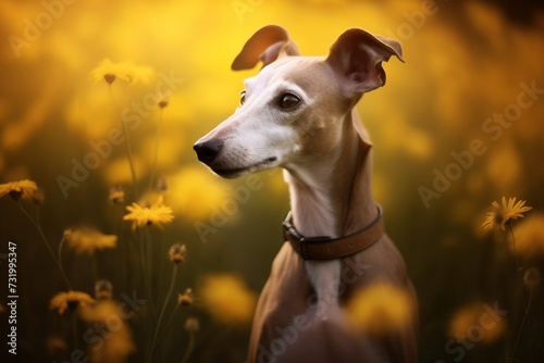 Italian greyhound dog sitting in meadow field surrounded by vibrant wildflowers and grass on sunny day ai generated