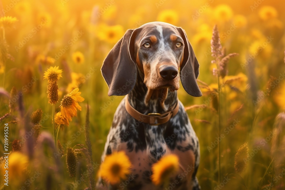 Bluetick coonhound dog sitting in meadow field surrounded by vibrant wildflowers and grass on sunny day ai generated
