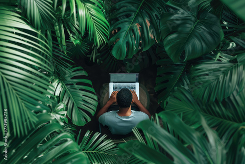  An individual works on a laptop surrounded by the lush greenery of a tropical forest, blending nature with technology. photo