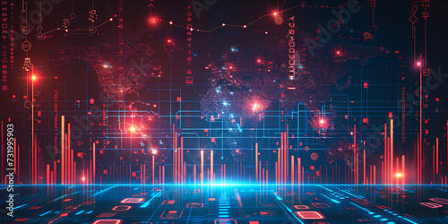 Conceptual vector with world map and analytics Complexity graphs and analytical diagrams in technology background Bright neon dark