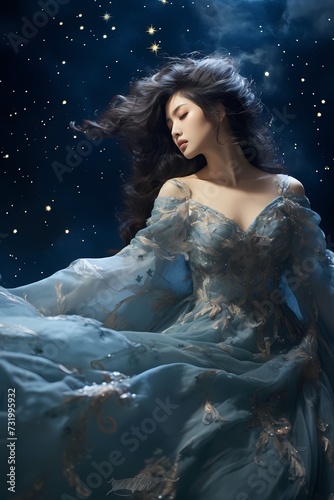 An ethereal image of a Korean model in a celestial-inspired gown, standing under a night sky filled with stars.