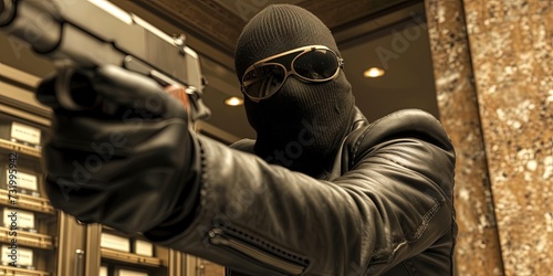 Robbery concept with armed thieves wearing masks ready to steal. Bank robbery and home invasion security concepy=t photo