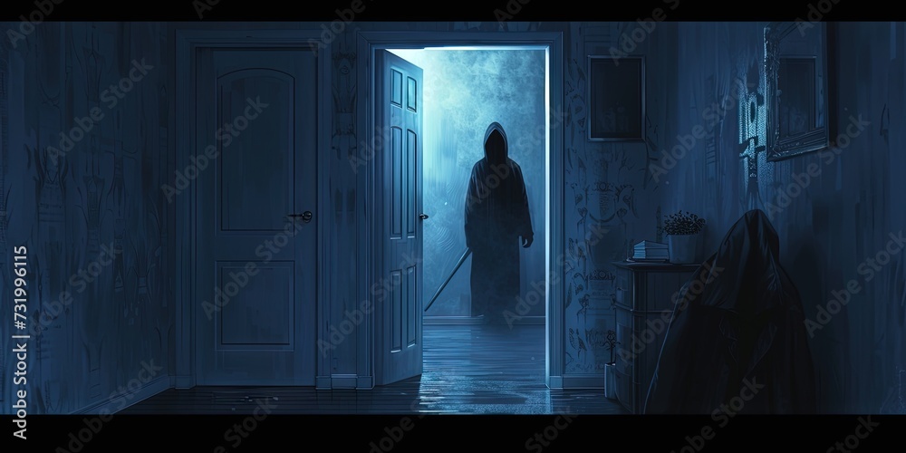 Mysterious figure standing in the shadows of  open bedroom door during home invasion - obrazy, fototapety, plakaty 