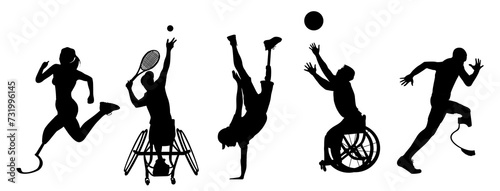Silhouettes of diverse sport people with disabilities. Athletes with prosthetic legs, in wheelchairs participating in competition, running, playing tennis, basketball. Vector illustration isolated. photo