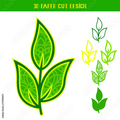 3D Leaf. Multi layered vector paper template. Flat style. Isolated on white background. Autumn leaf with mandala pattern. Decorative element for card, wall art.
