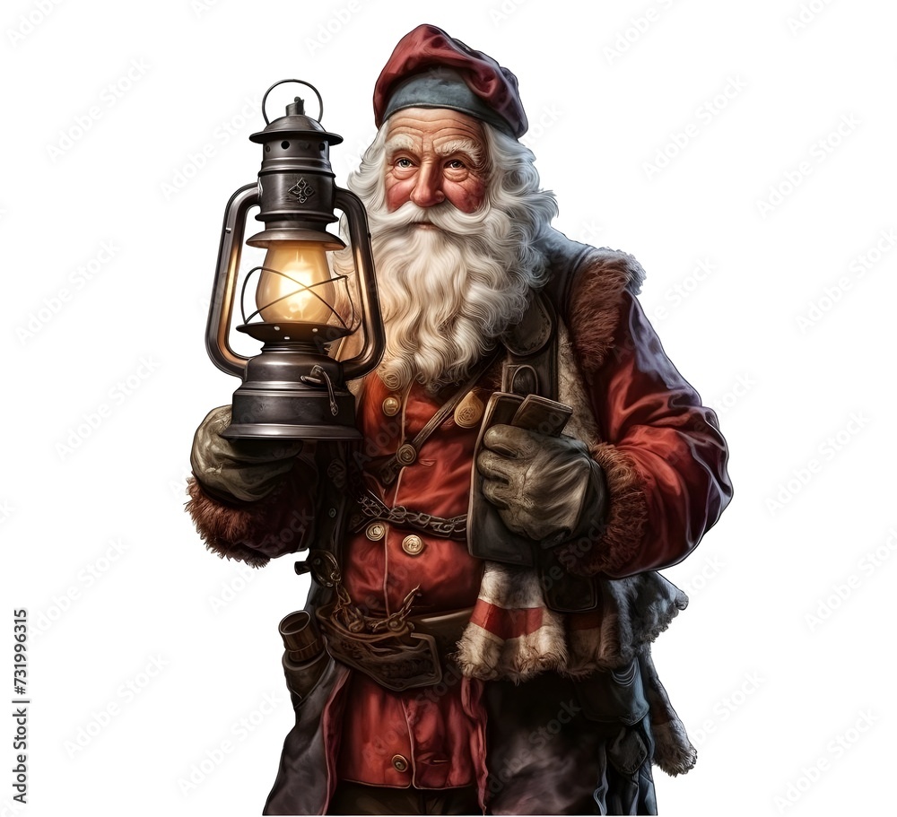 Doubtful Santa Claus With A Vintage Lantern