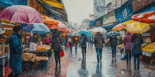 Shoppers at an outdoor marketplace with umbrellas on a rainy day © Brian