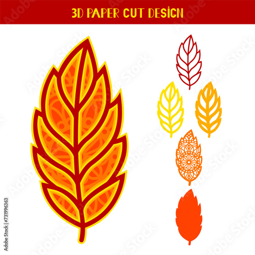 3D Leaf. Multi layered vector paper template. Flat style. Isolated on white background. Autumn leaf with mandala pattern. Decorative element for card, wall art.