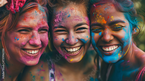 Three Happy multiracial girlfriends with colorful faces celebrating Holi festival of colors