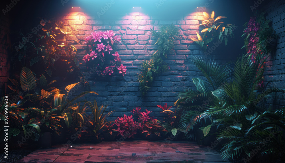 Fototapeta premium Night jungle with glowing neon ,generative ai.