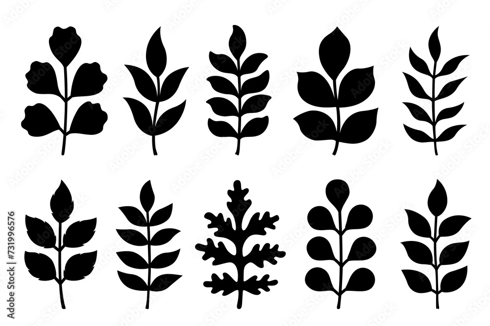 Silhouettes of twigs with leaves. Vector autumn or spring illustrations. Isolated on white background. Flat style. Simple plant outlines for paper or laser cutting and printing on any surface. - obrazy, fototapety, plakaty 