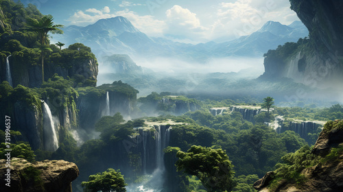 Panorama image of a jungle with waterfalls, view from a mountain 