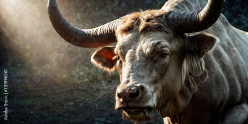 a close up of a bull with long horns and a light shining down on it's face and it's head.