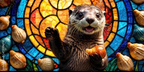 a sea otter stands in front of a stained glass window and holds a seashell in its paws as it stands on its hind legs. photo