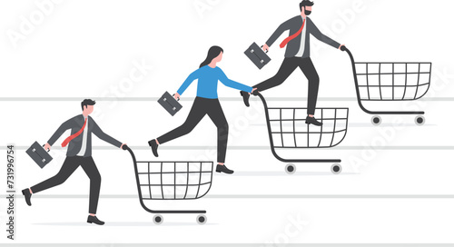 High demand products, sale season e-commerce discount website or marketing campaign drawing customers to buy product concept, consumer people with shopping cart compete in running race tracks.


