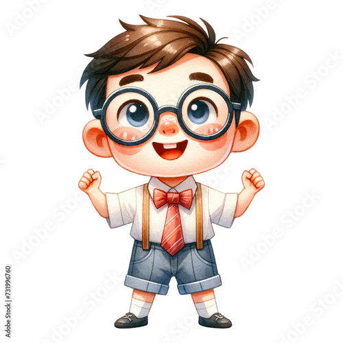Watercolor cute nerd schoolboy celebrating. Back-To-School concept. School elements clipart.