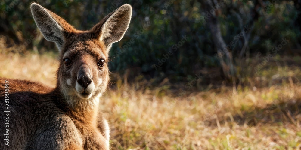 a close up of a kangaroo in a field of grass with trees in the back ground and bushes in the background. a close up of a kangaroo in a field of grass with trees in the back ground and bushes in the background.