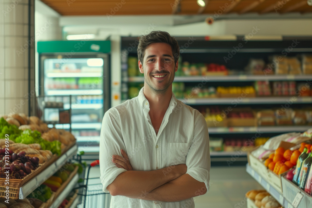 Happy Retailer in White Shirt Celebrating Supermarket Achievement Happy Retailer in White Shirt Celebrating Supermarket Achievement