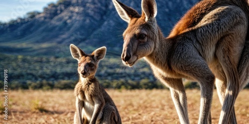 a close up of a kangaroo and a baby kangaroo in a field with a mountain in the backgroud. photo