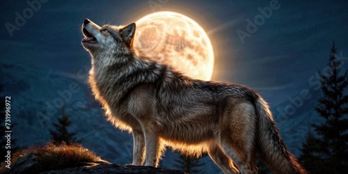 a wolf standing on top of a hill in front of a full moon with its head turned to the side.