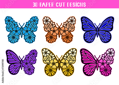 3D butterfly with flowers. Vector layered template for laser and paper cutting, printing on a T-shirt, mug. Insect silhouette. Flat style. Hand drawn decorative element for your design.