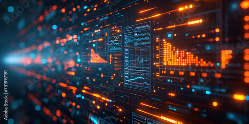 Futuristic financial dashboard with data visualization analytics Complexity graphs analytical diagrams technology Bright neon dark