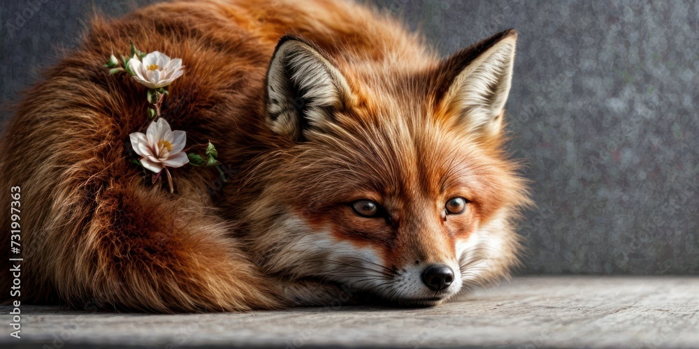 a close up of a fox laying on the ground with a flower in it's hair and looking at the camera. a close up of a fox laying on the ground with a flower in it's hair and looking at the camera.