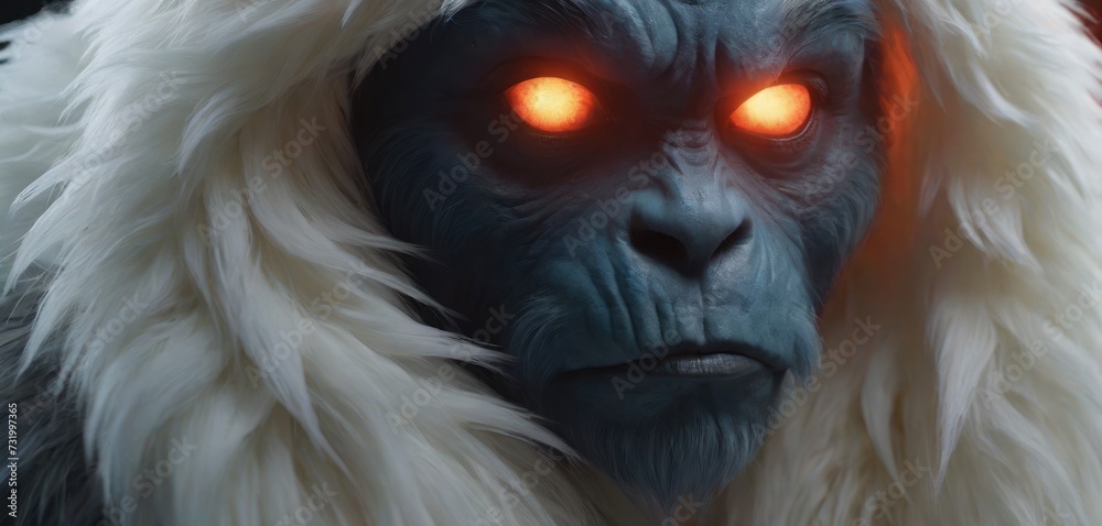 a close up of a monkey with red eyes and a white fur coat with a red light in its eyes. a close up of a monkey with red eyes and a white fur coat with a red light in its eyes.
