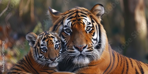 Mother tiger with baby cub. Parenting concept in the animal kingdom