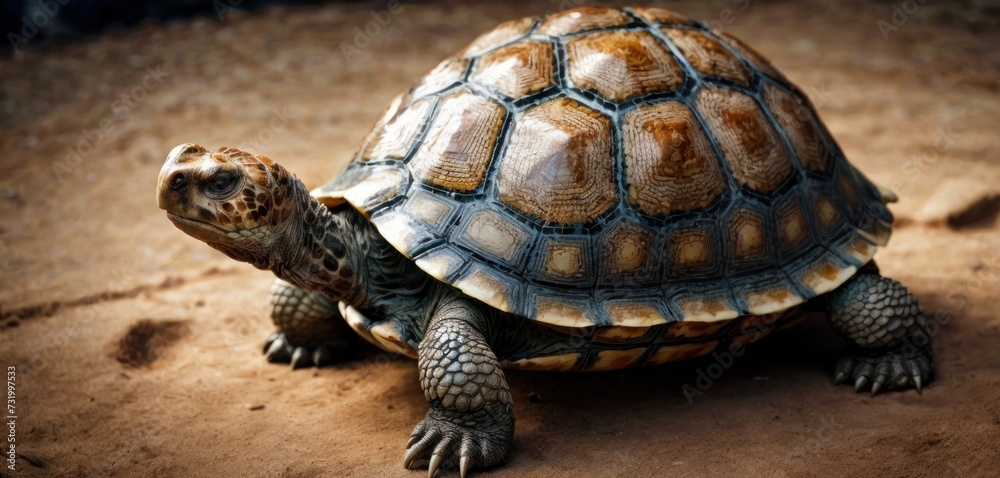 a close up of a tortoise on a dirt ground with a person in the background looking at the camera. a close up of a tortoise on a dirt ground with a person in the background looking at the camera.
