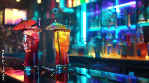 Neon colorful cocktails in a cyberpunk bar  