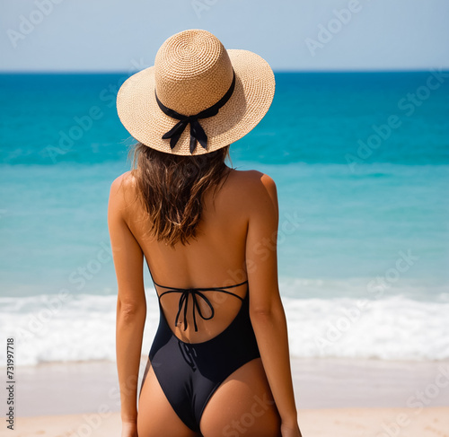 Young woman enjoying her holiday on the beach. Back view. Generative AI