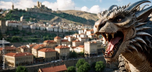 a statue of a dragon with its mouth open in front of a cityscape with a castle in the background.