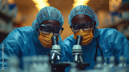 Two doctors in science lab looking into a microscope, wearing blue doctors clothing, wearing glasses, generative ai