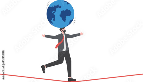 Geopolitical risk, world leader conflict, war and invasion danger causing economic and investment risk, nuclear war tension concept, businessman leader acrobat try to balance world globe on his head. 