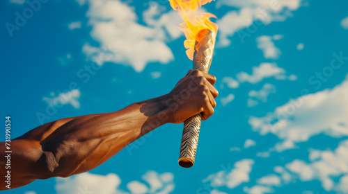 A man's hand holds a torch with the Olympic flame against a blue sky background.