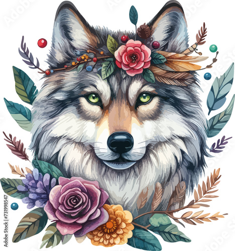 Watercolor painting wolf and flowers